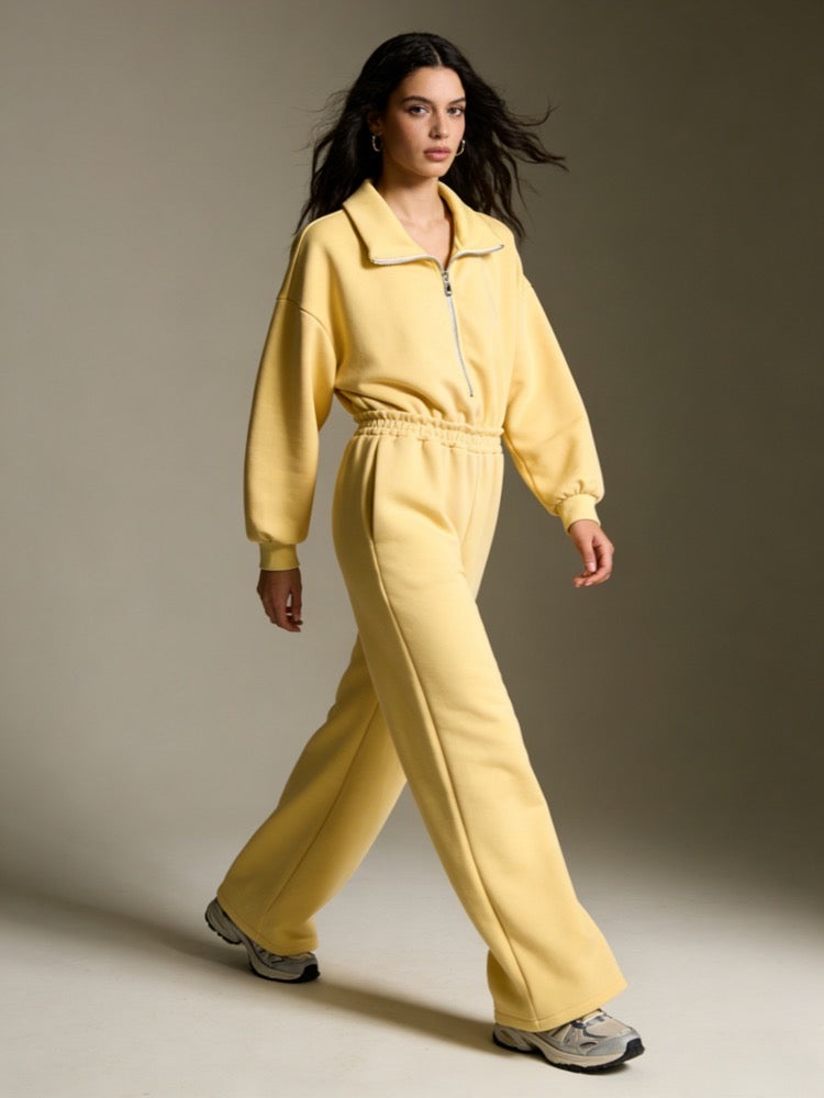 Ολόσωμη φόρμα φούτερ με φερμουάρ και πλαϊνές τσέπες – Κίτρινο