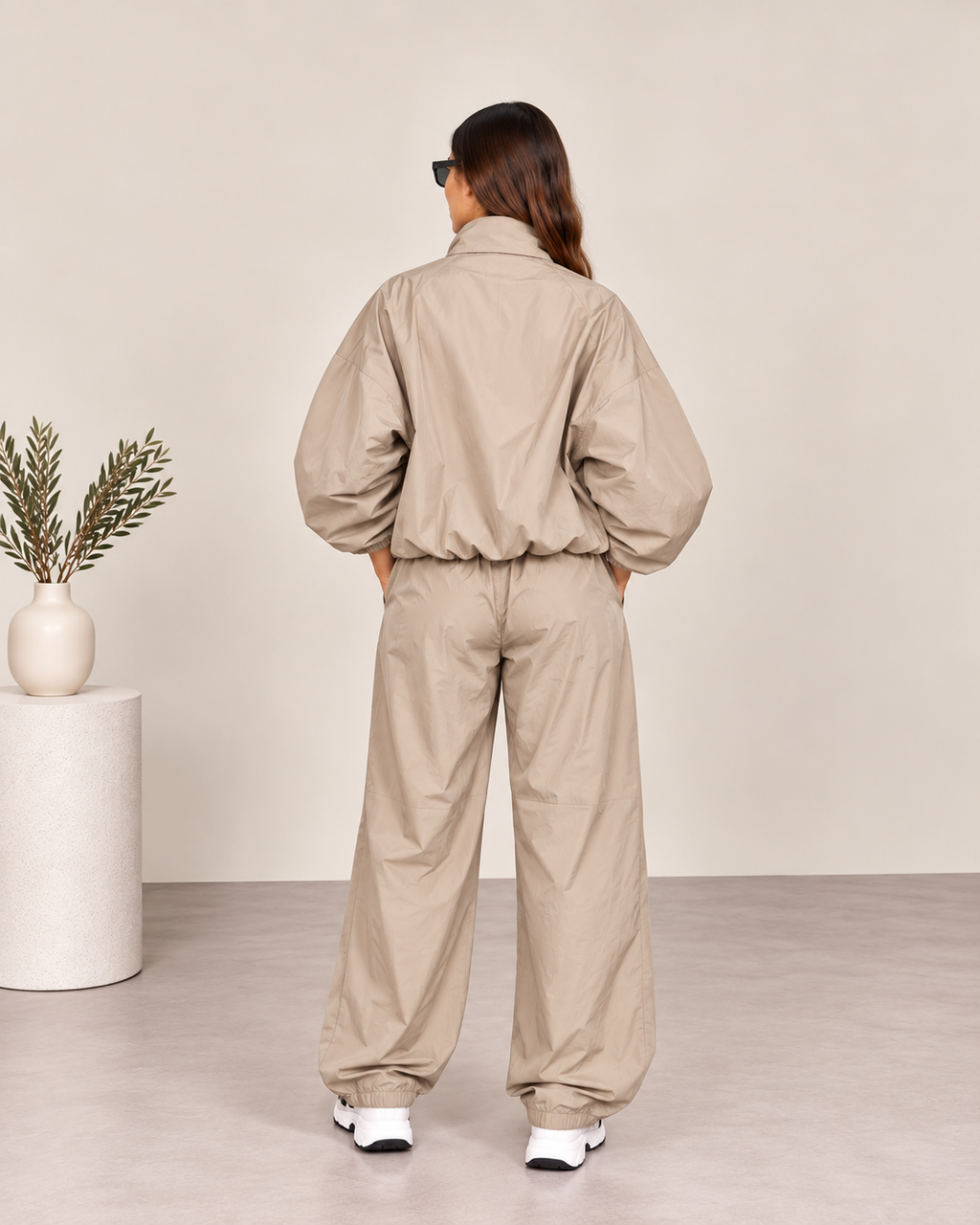 Αντιανεμικό σετ bomber jacket με παντελόνι με λάστιχο στο τελίωμα - Μπεζ