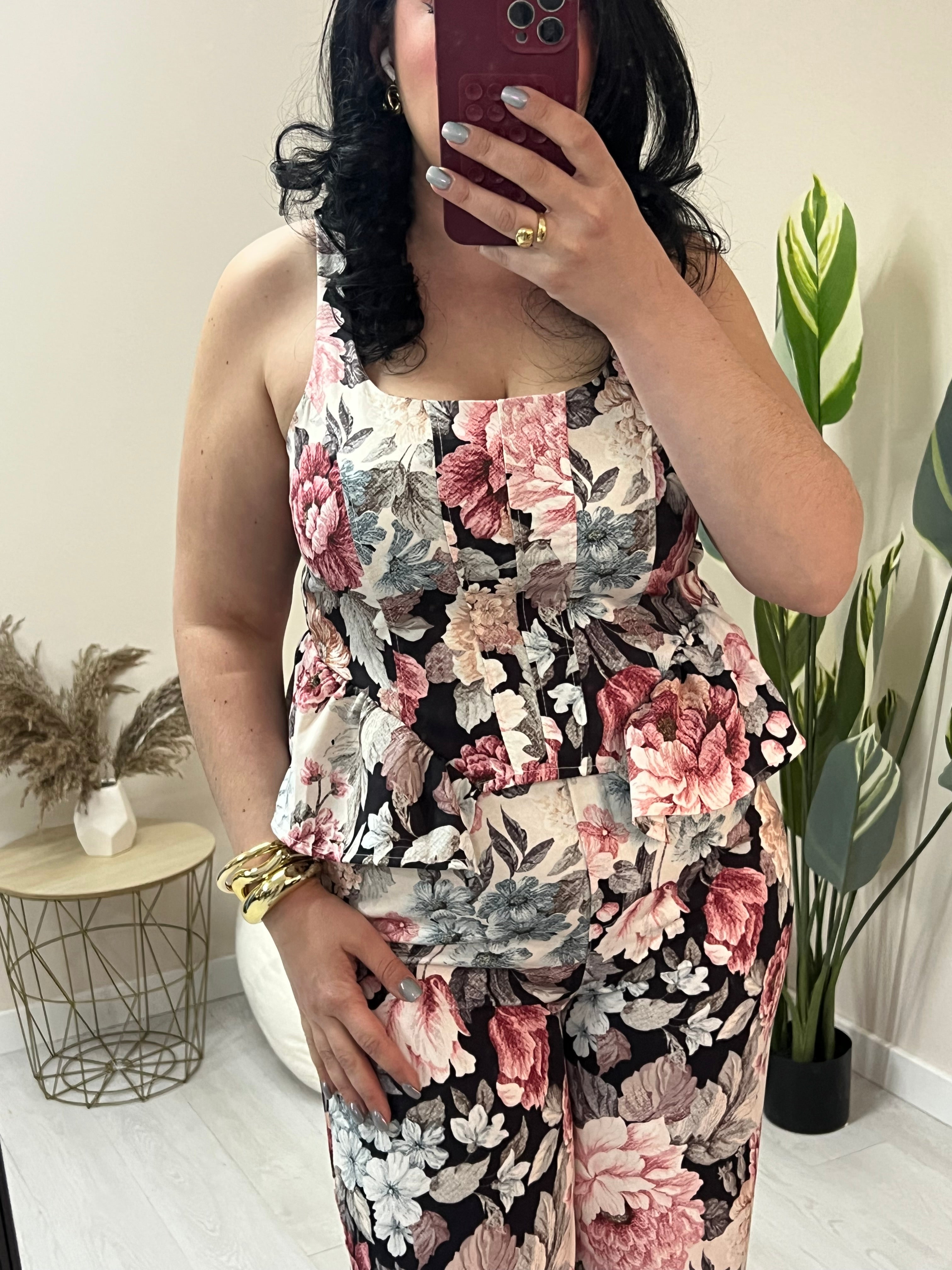 Σετ floral με peplum τοπ & παντελόνα - Μαύρο