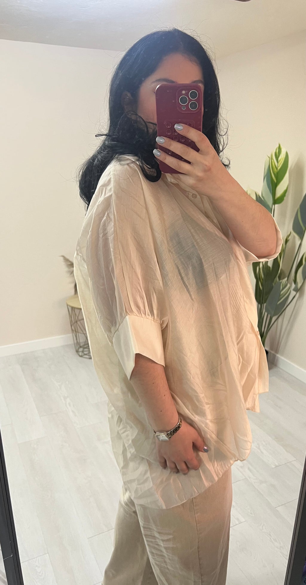 Σατινέ ημιδιάφανη πουκάμισα - Μπεζ