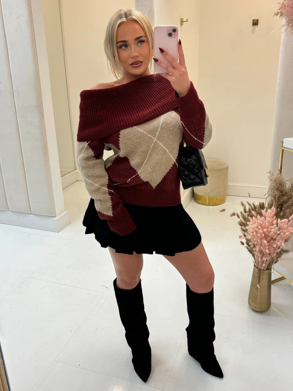 Off shoulder πουλόβερ με ρόμβους - Μπορντό