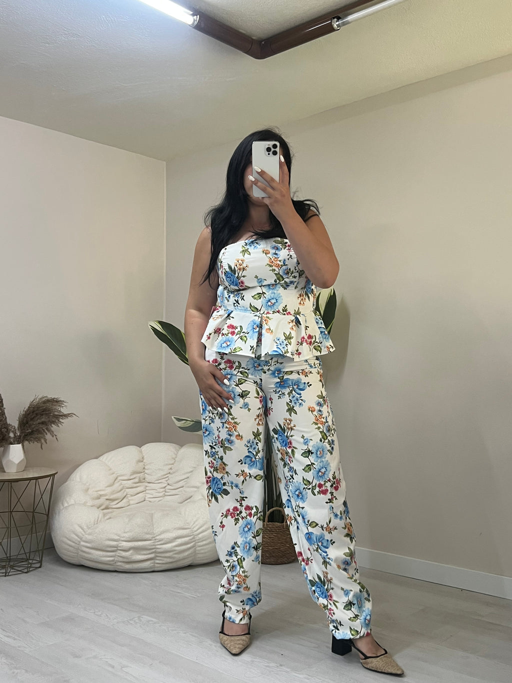 Floral σετ balloon παντελόνι και στράπλες peplum top - Λευκό με γαλάζιο