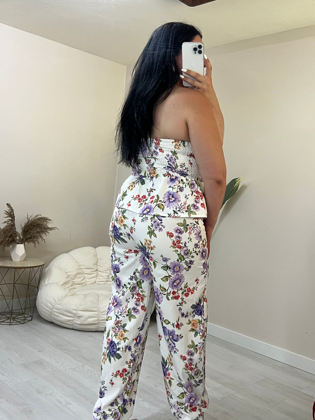 Floral σετ balloon παντελόνι και στράπλες peplum top - Λευκό με μωβ