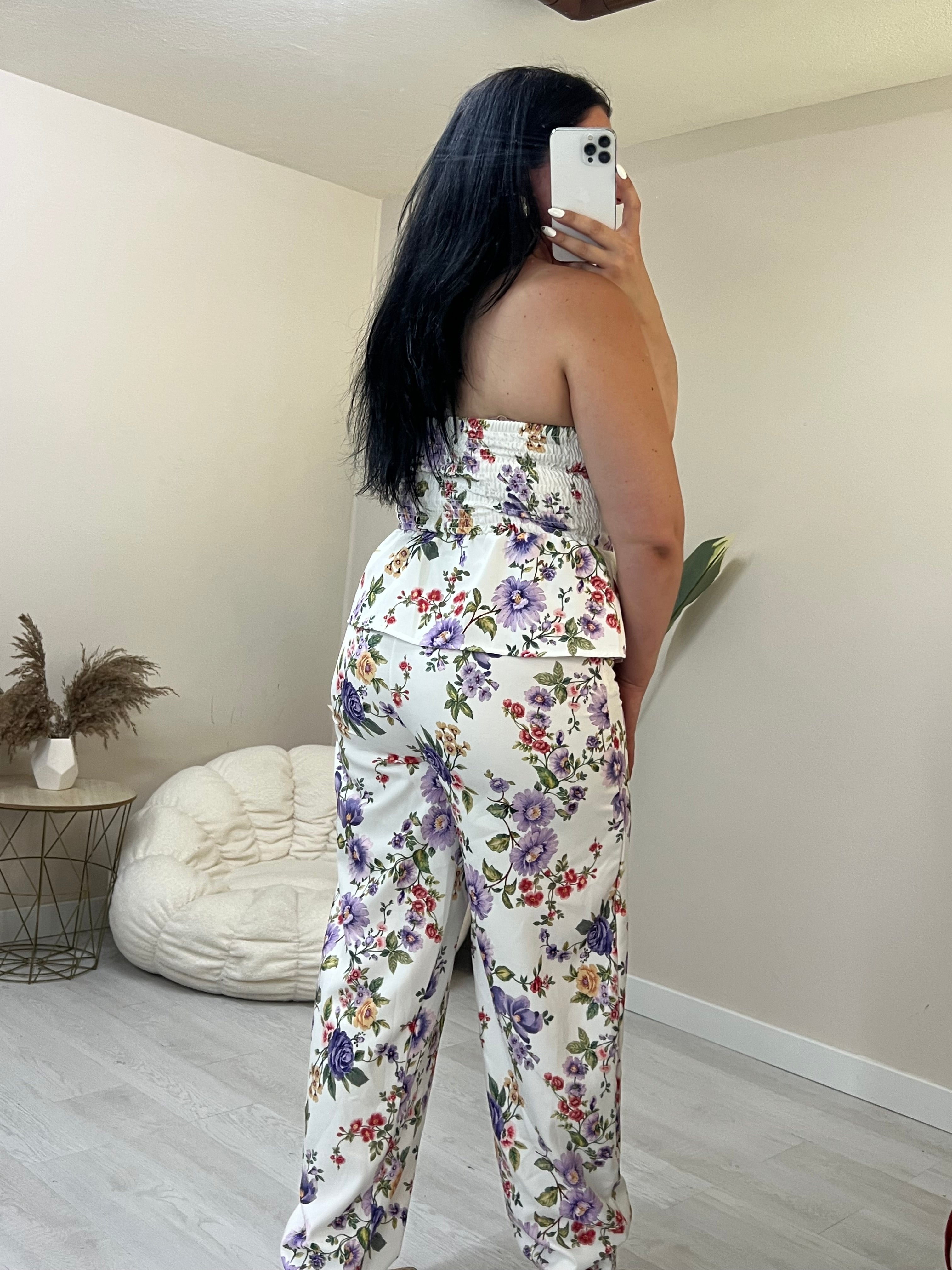 Floral σετ balloon παντελόνι και στράπλες peplum top - Λευκό με μωβ