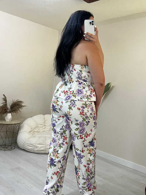 Floral σετ balloon παντελόνι και στράπλες peplum top - Λευκό με μωβ