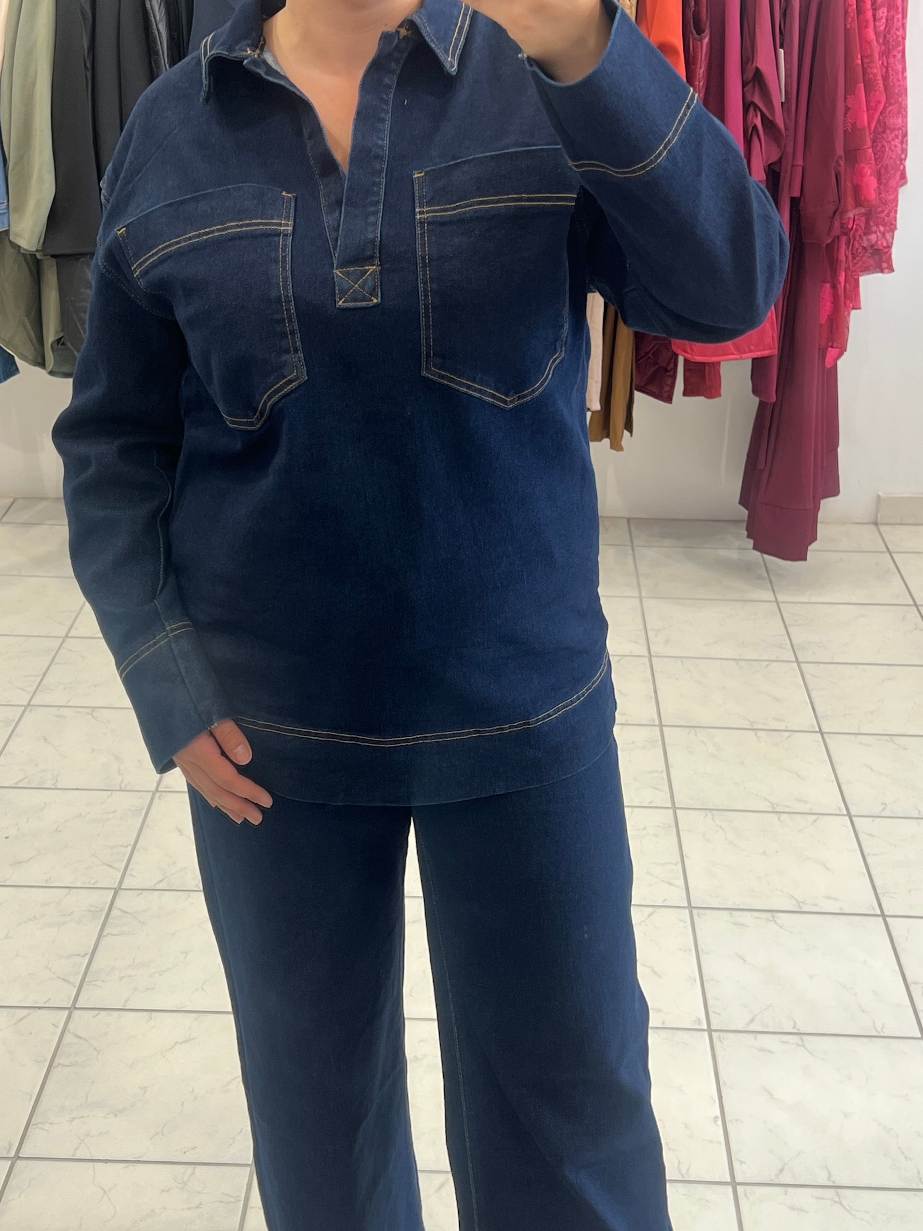 Denim set oversized μπλούζα και παντελόνι σε wide leg γραμμή