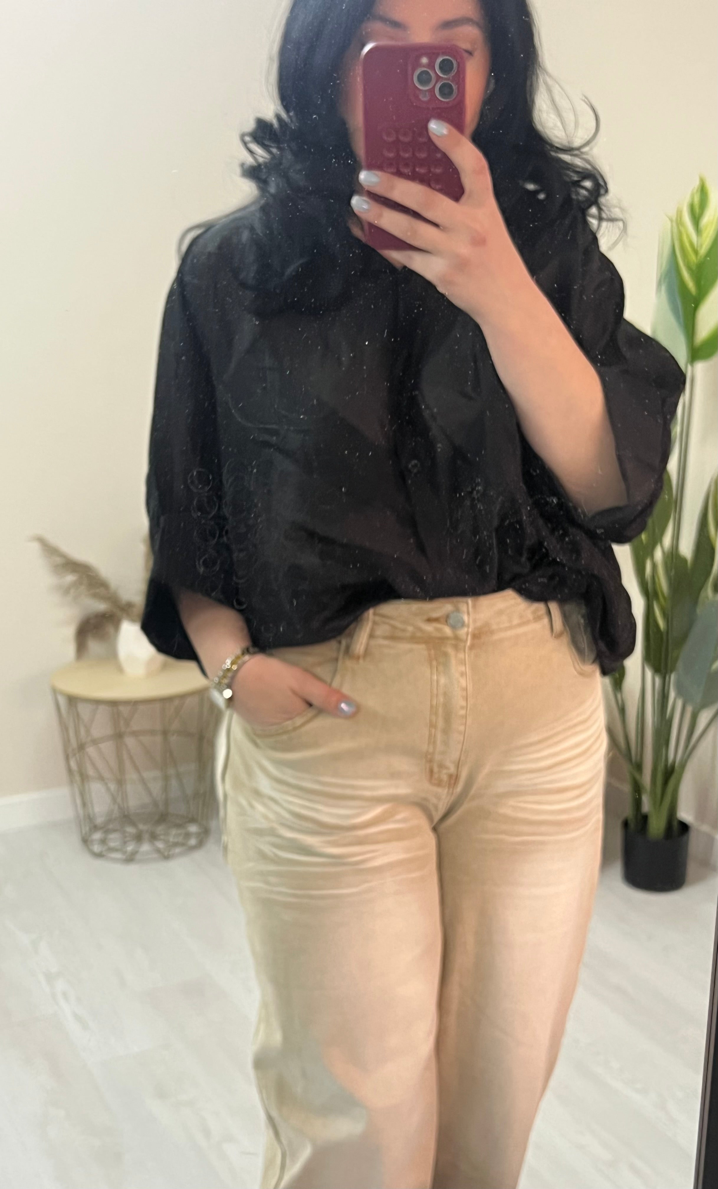 Σατινέ ημιδιάφανη πουκάμισα - Μαύρη