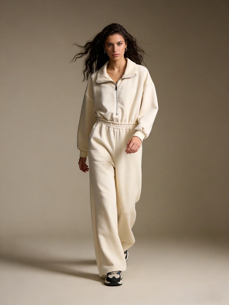 Ολόσωμη φόρμα φούτερ με φερμουάρ και πλαϊνές τσέπες - Μπεζ