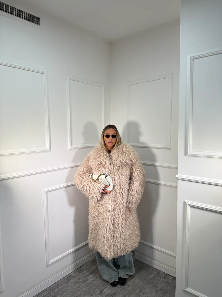 Μακρυά γούνα με μεγάλο γιακά - Μπεζ