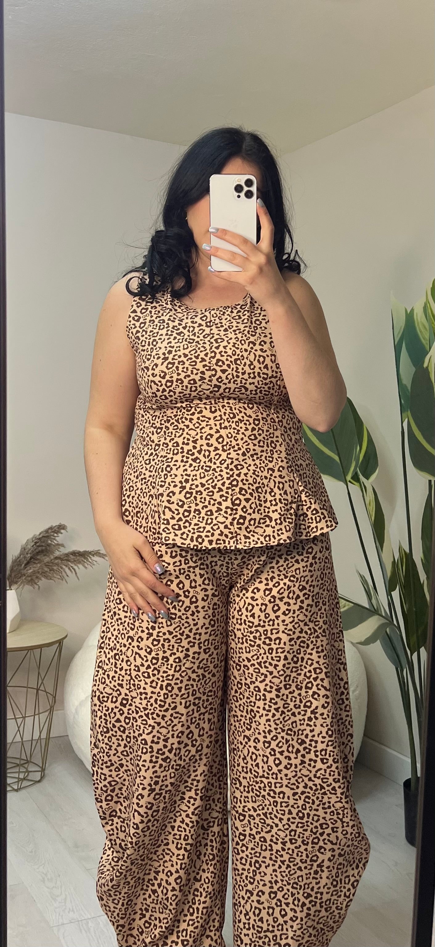 Σετ animal print μπλούζα με βολάν και balloon παντελόνι - Καφέ