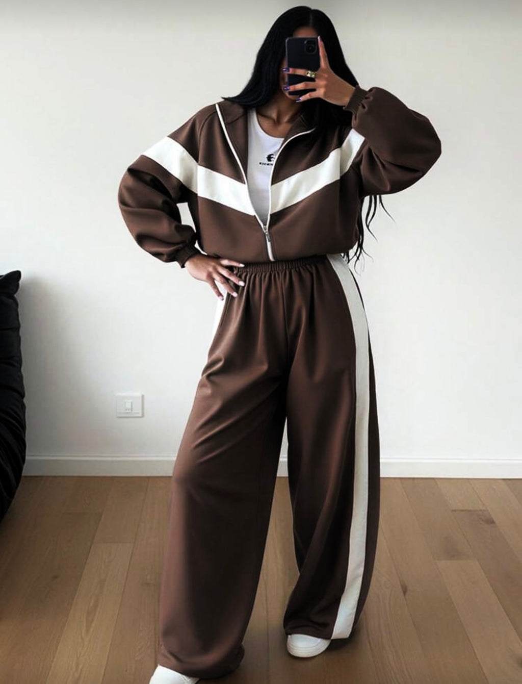 Σετ φόρμα ζακέτα με παντελόνα και σχέδιο με ρίγα - Σοκολατί