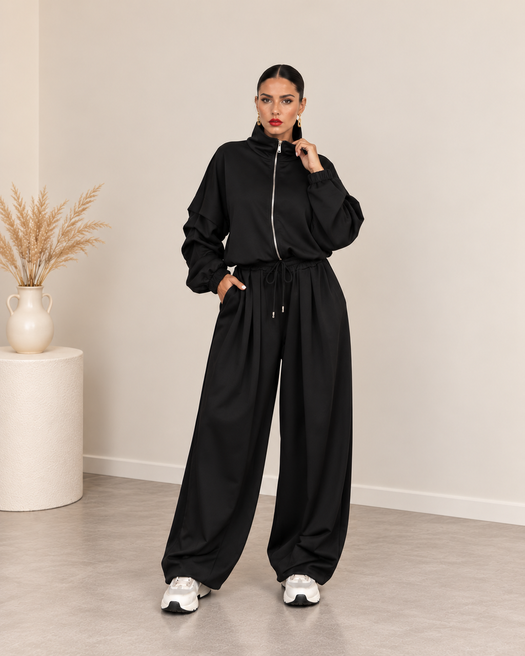 Oversized σετ ζακέτα με φερμουάρ και παντελόνι με τσέπες - Μαύρο