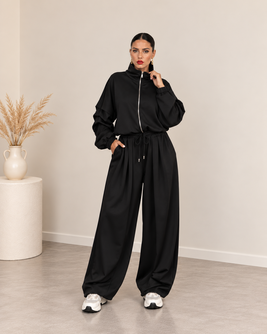 Oversized σετ ζακέτα με φερμουάρ και παντελόνι με τσέπες - Μαύρο