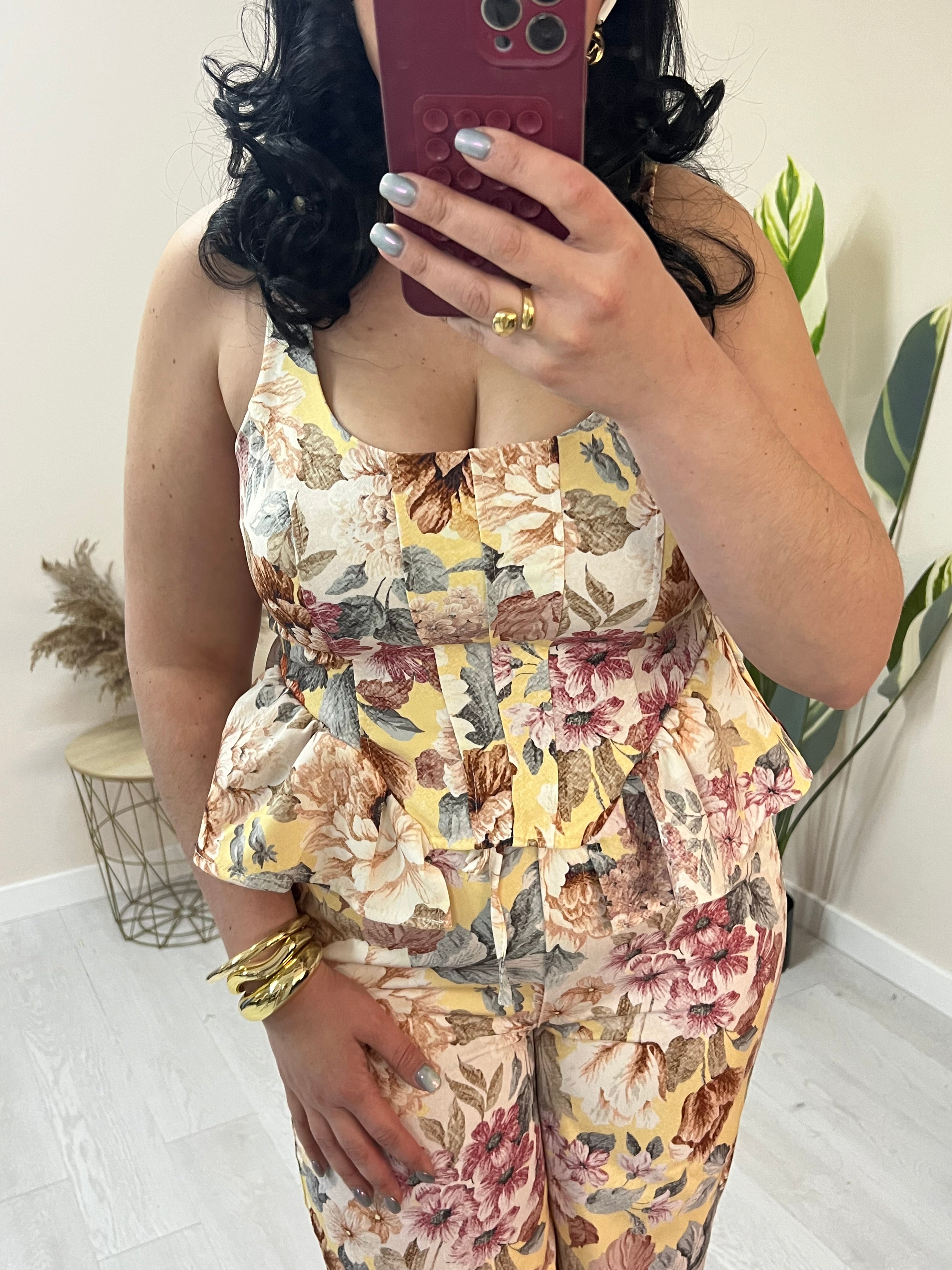 Σετ floral με peplum τοπ & παντελόνα - Κίτρινο
