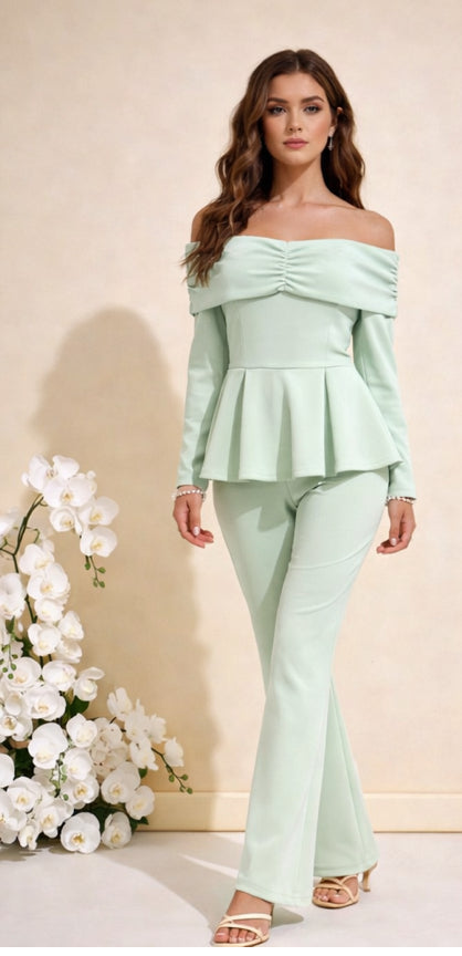 Σετ μπλούζα off-shoulder με βολάν και ψηλόμεσο παντελόνι καμπάνα - Βεραμάν