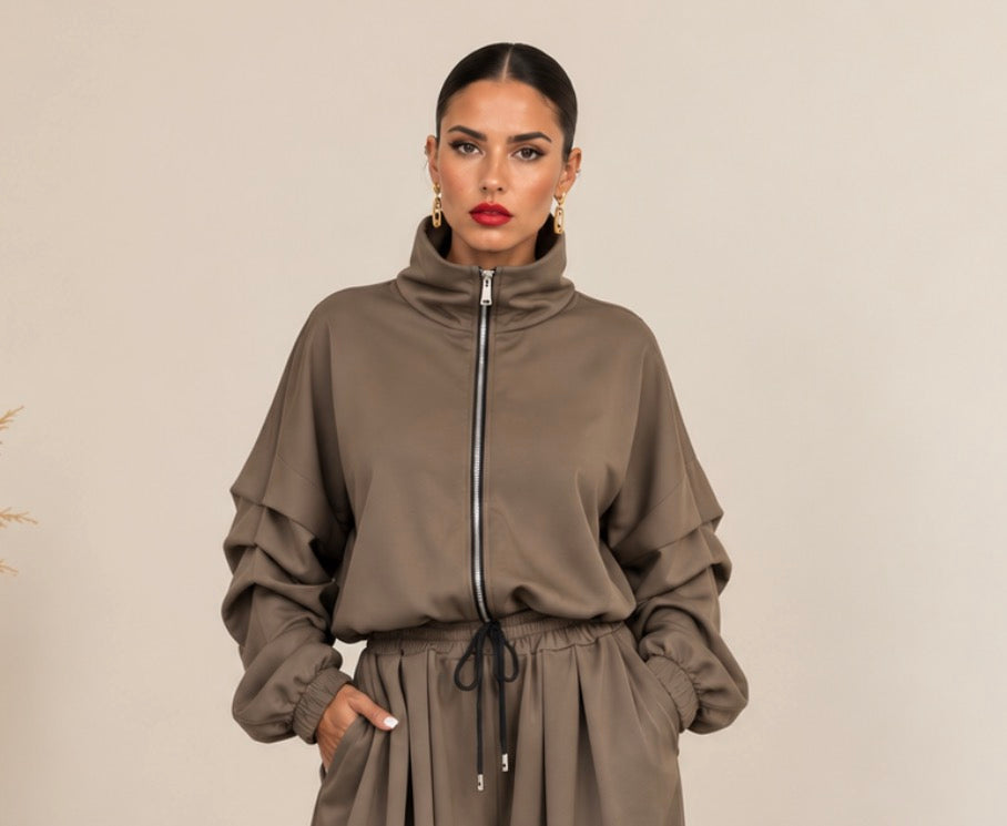 Oversized σετ ζακέτα με φερμουάρ και παντελόνι με τσέπες - Πούρο