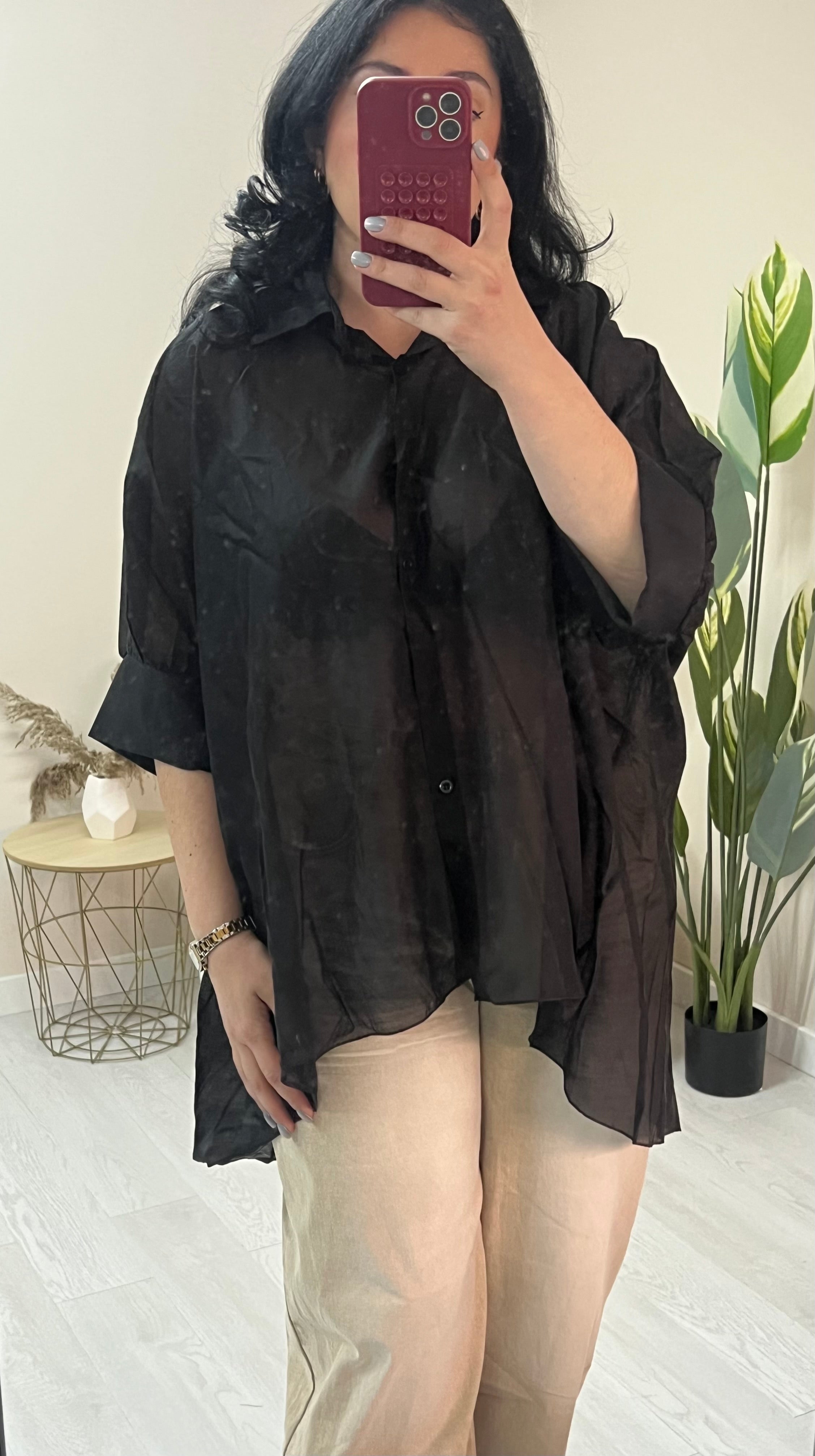 Σατινέ ημιδιάφανη πουκάμισα - Μαύρη