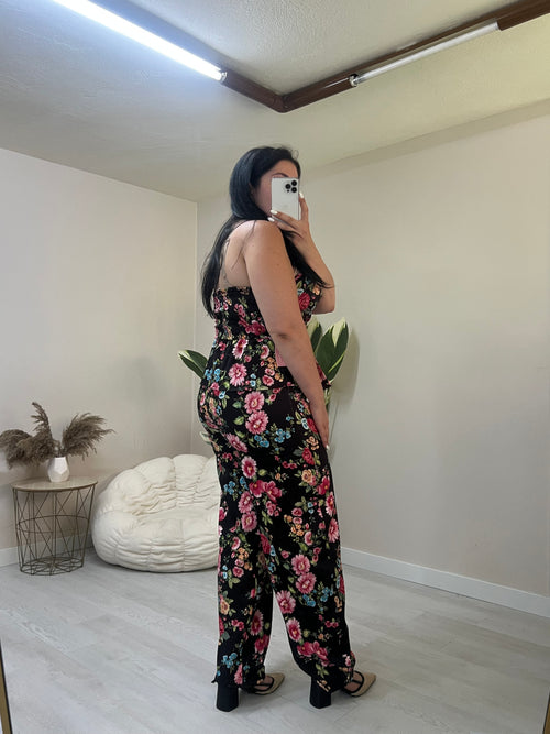 Floral σετ balloon παντελόνι και στράπλες peplum top - Μαύρο