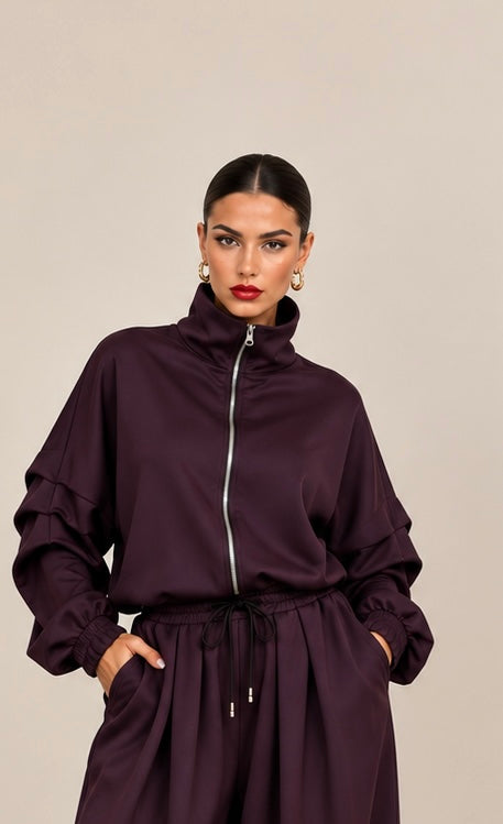 Oversized σετ ζακέτα με φερμουάρ και παντελόνι με τσέπες - Μπορντό