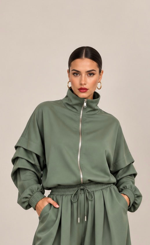 Oversized σετ ζακέτα με φερμουάρ και παντελόνι με τσέπες - Χακί