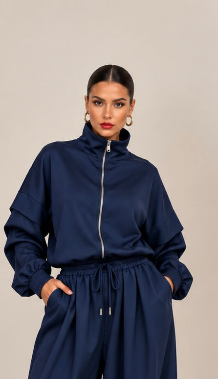 Oversized σετ ζακέτα με φερμουάρ και παντελόνι με τσέπες - Μπλε σκούρο