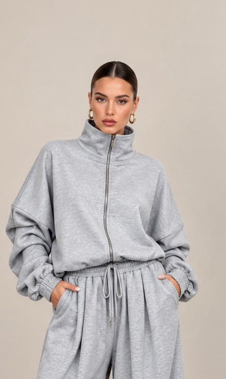 Oversized σετ ζακέτα με φερμουάρ και παντελόνι με τσέπες - Γκρι