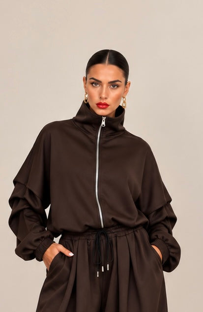 Oversized σετ ζακέτα με φερμουάρ και παντελόνι με τσέπες - Σοκολατί