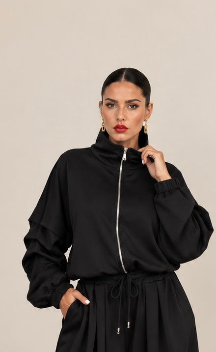 Oversized σετ ζακέτα με φερμουάρ και παντελόνι με τσέπες - Μαύρο