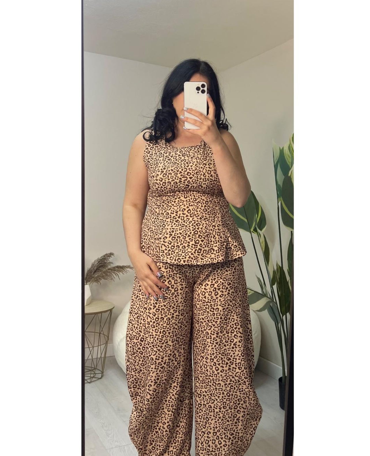 Σετ animal print μπλούζα με βολάν και balloon παντελόνι - Καφέ