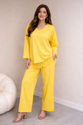 Σετ ποντοστόφας, ασύμμετρη μπλούζα με δαντέλα και παντελόνι σε ίσια γραμμή - Κίτρινο