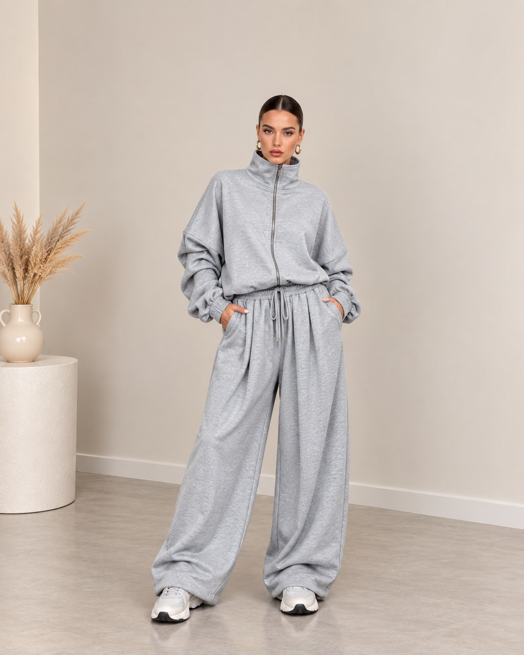 Oversized σετ ζακέτα με φερμουάρ και παντελόνι με τσέπες - Γκρι