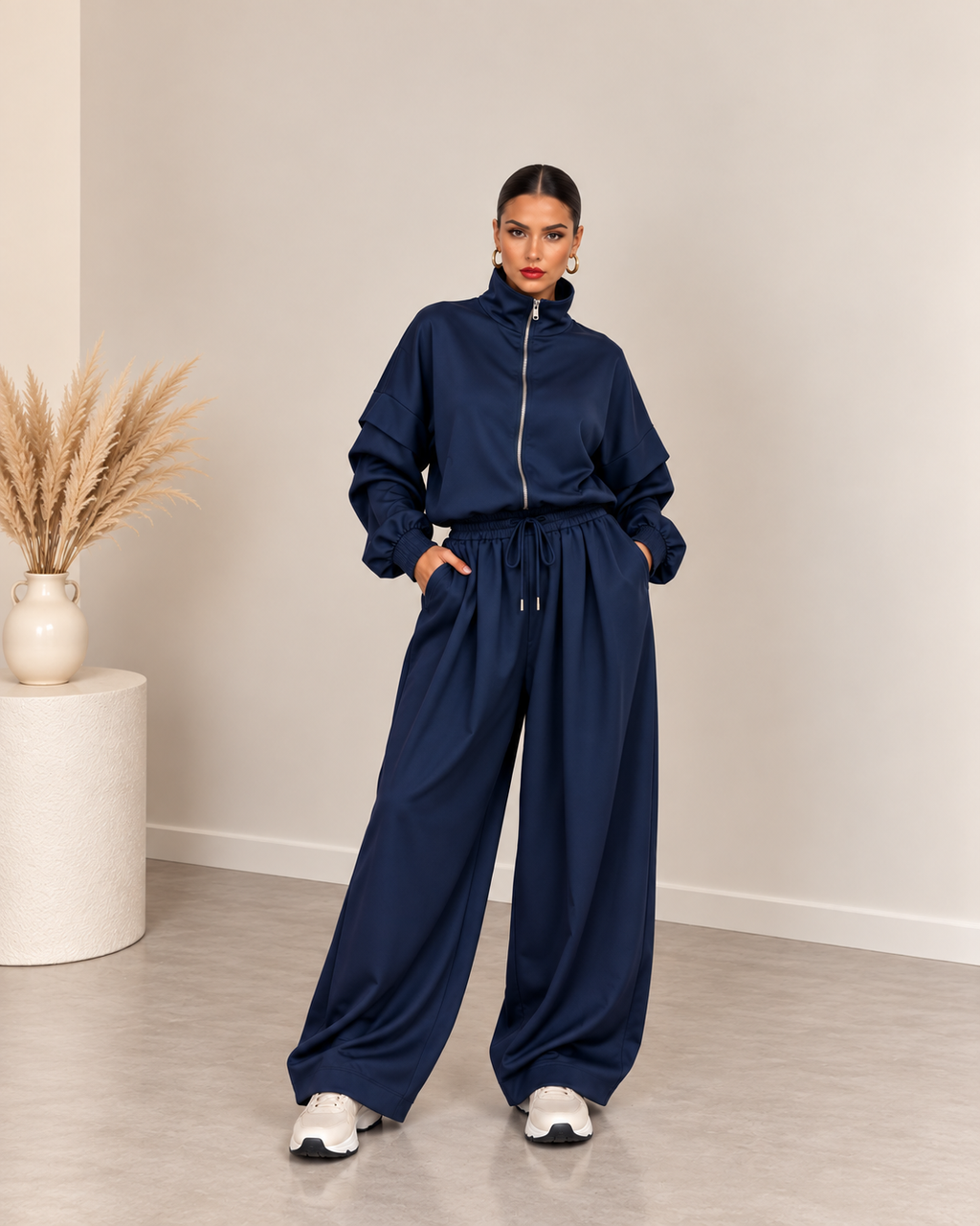Oversized σετ ζακέτα με φερμουάρ και παντελόνι με τσέπες - Μπλε σκούρο