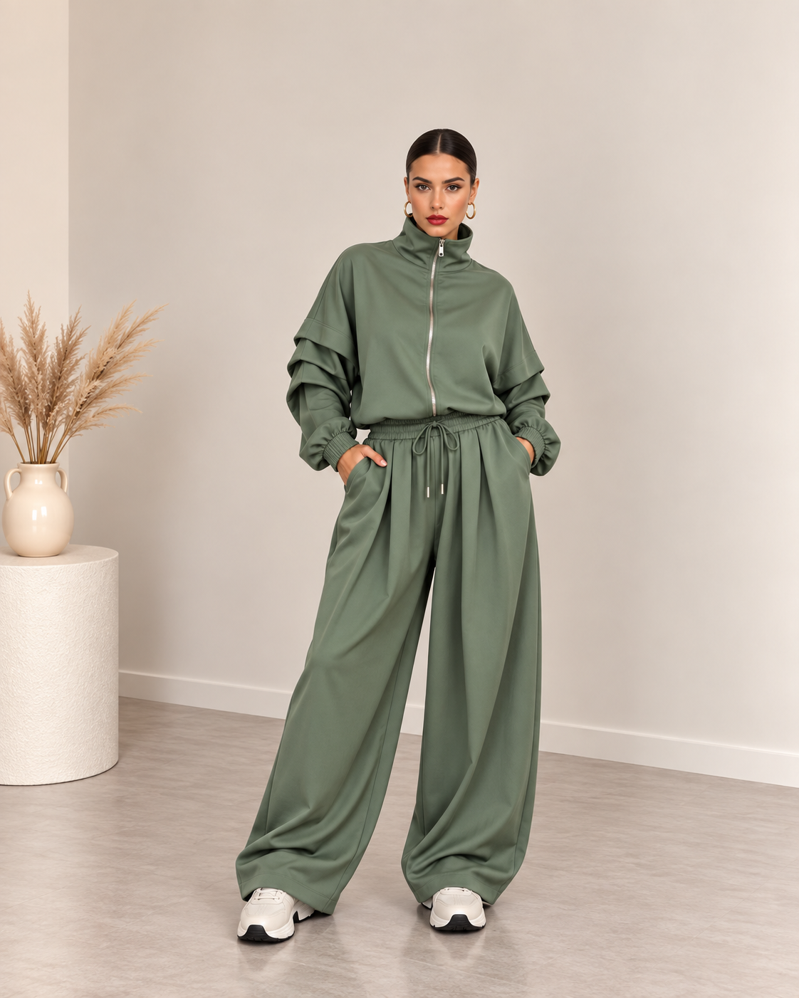 Oversized σετ ζακέτα με φερμουάρ και παντελόνι με τσέπες - Χακί