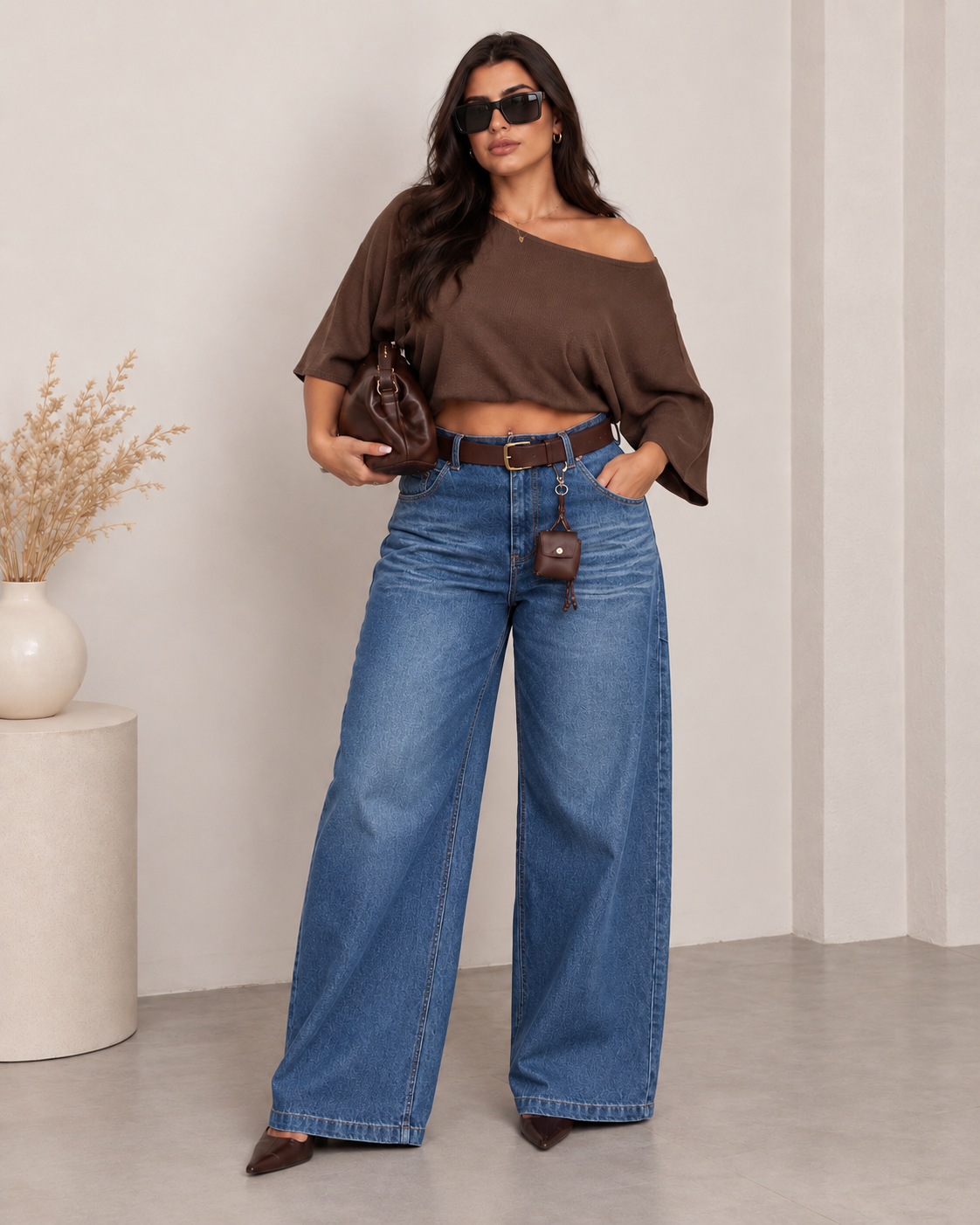 Plus size τζιν με ζώνη - Ανοιχτό μπλε