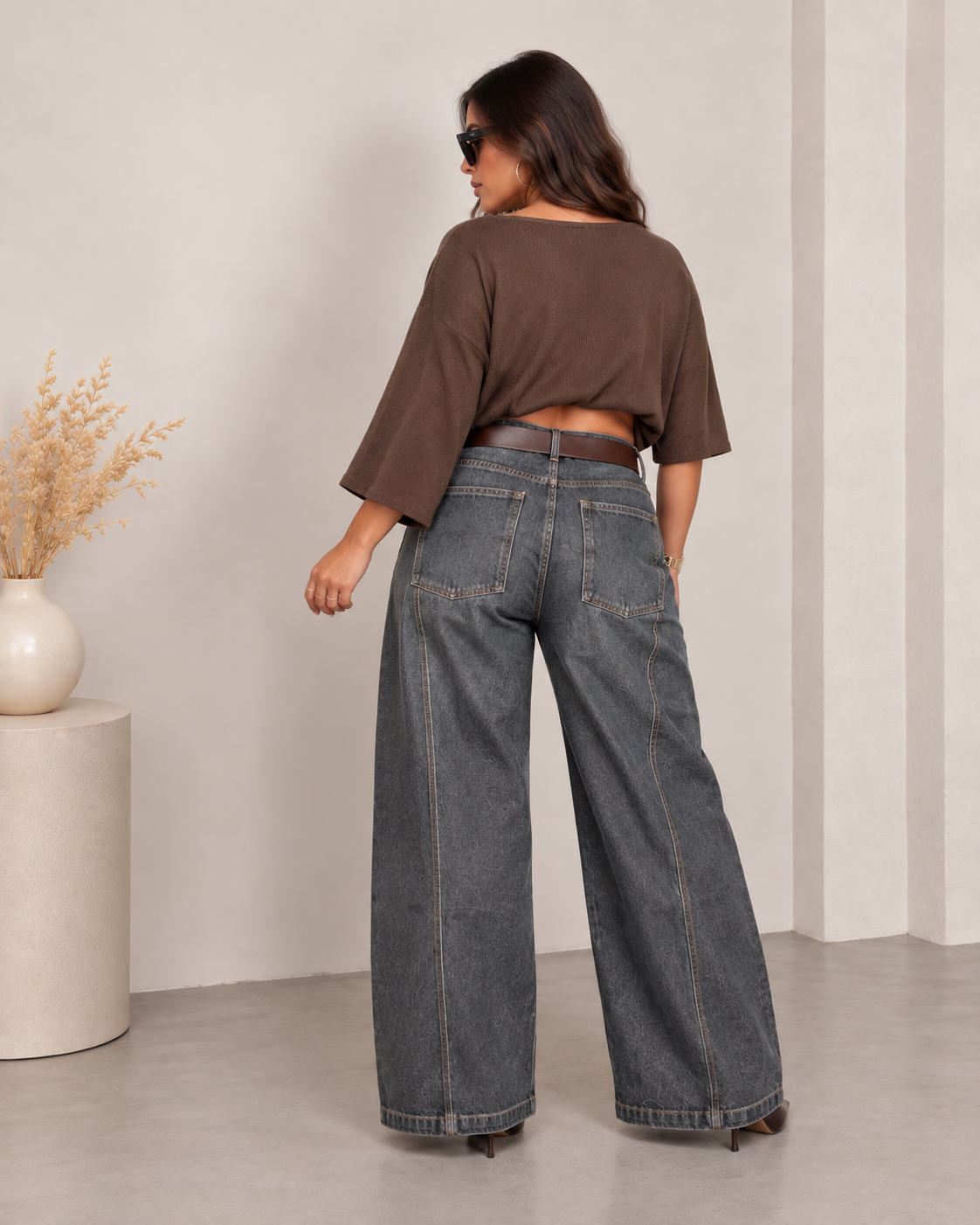 Plus size τζιν με ζώνη - Γκρι