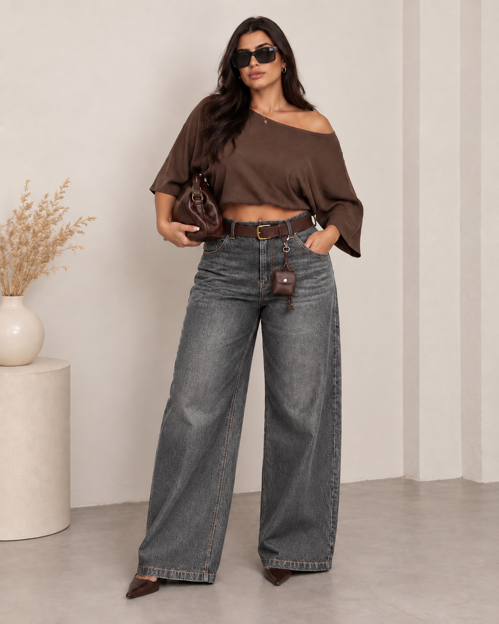 Plus size τζιν με ζώνη - Γκρι