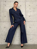 Denim σετ σακάκι με ζώνη & παντελόνι σε wide leg γραμμή
