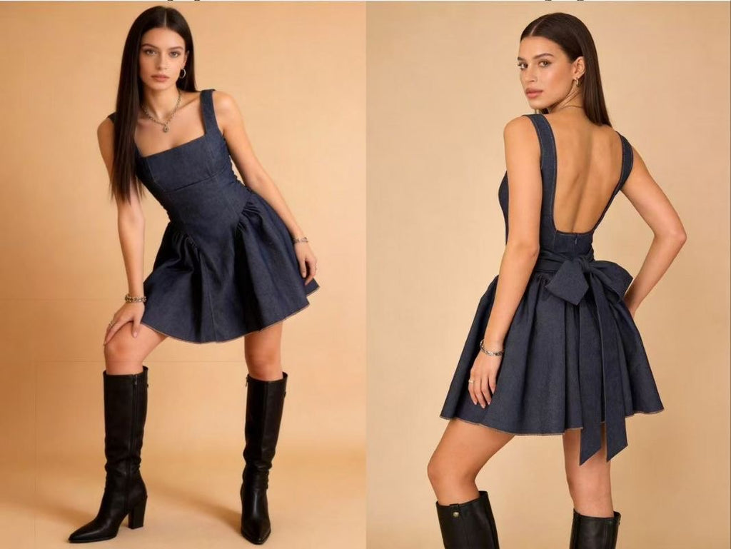 Denim mini dress με φιόγκο στο πίσω μέρος