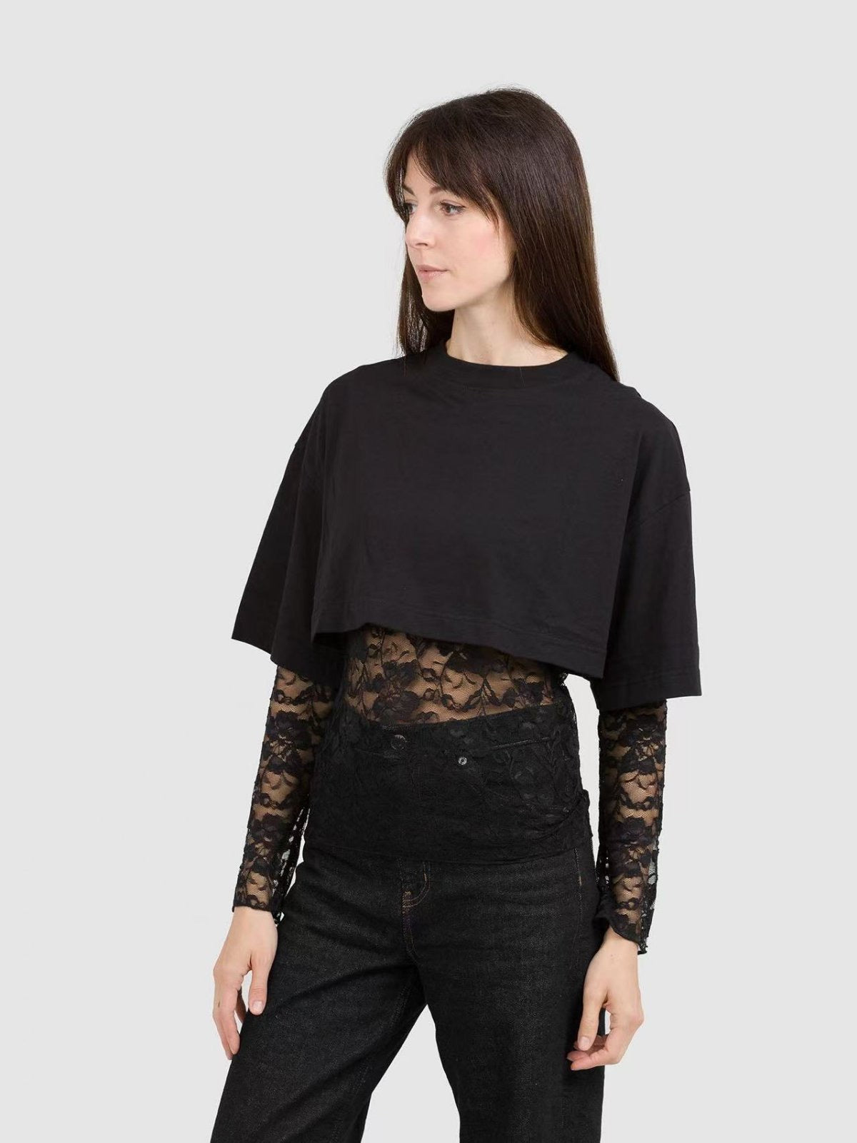 Lace & Layered Crop Top Set - Μαύρο