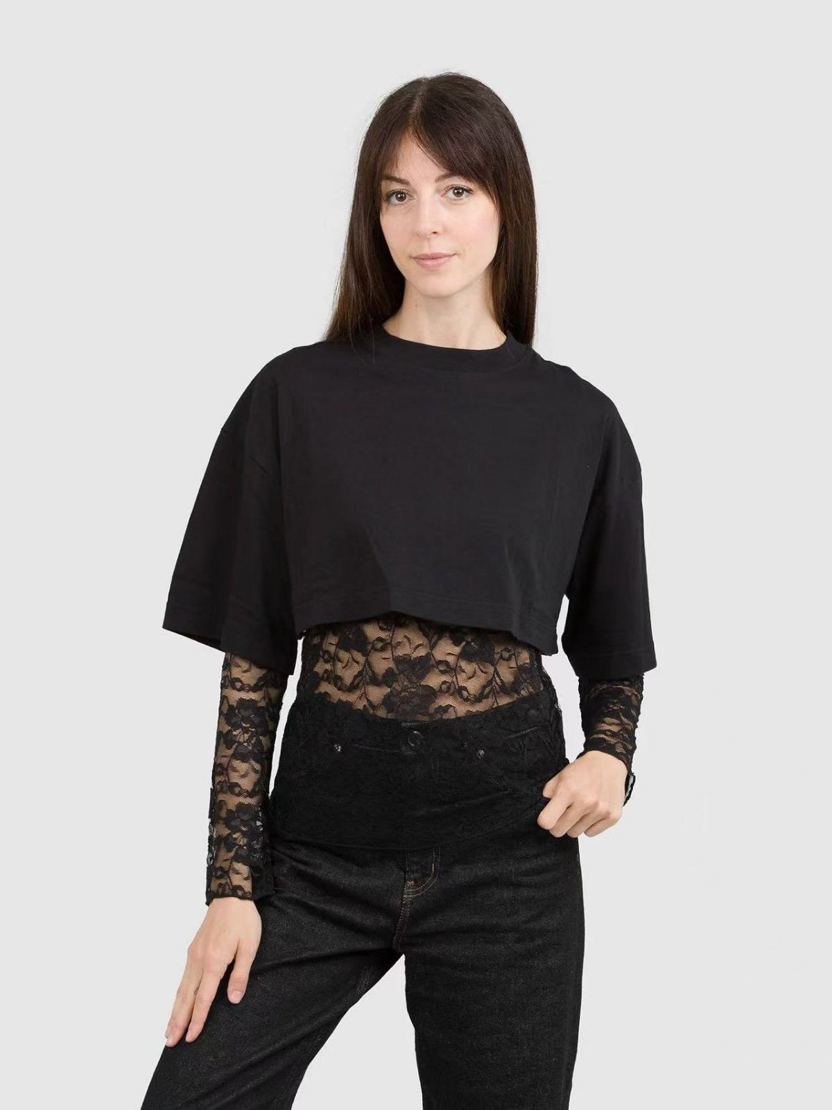 Lace & Layered Crop Top Set - Μαύρο