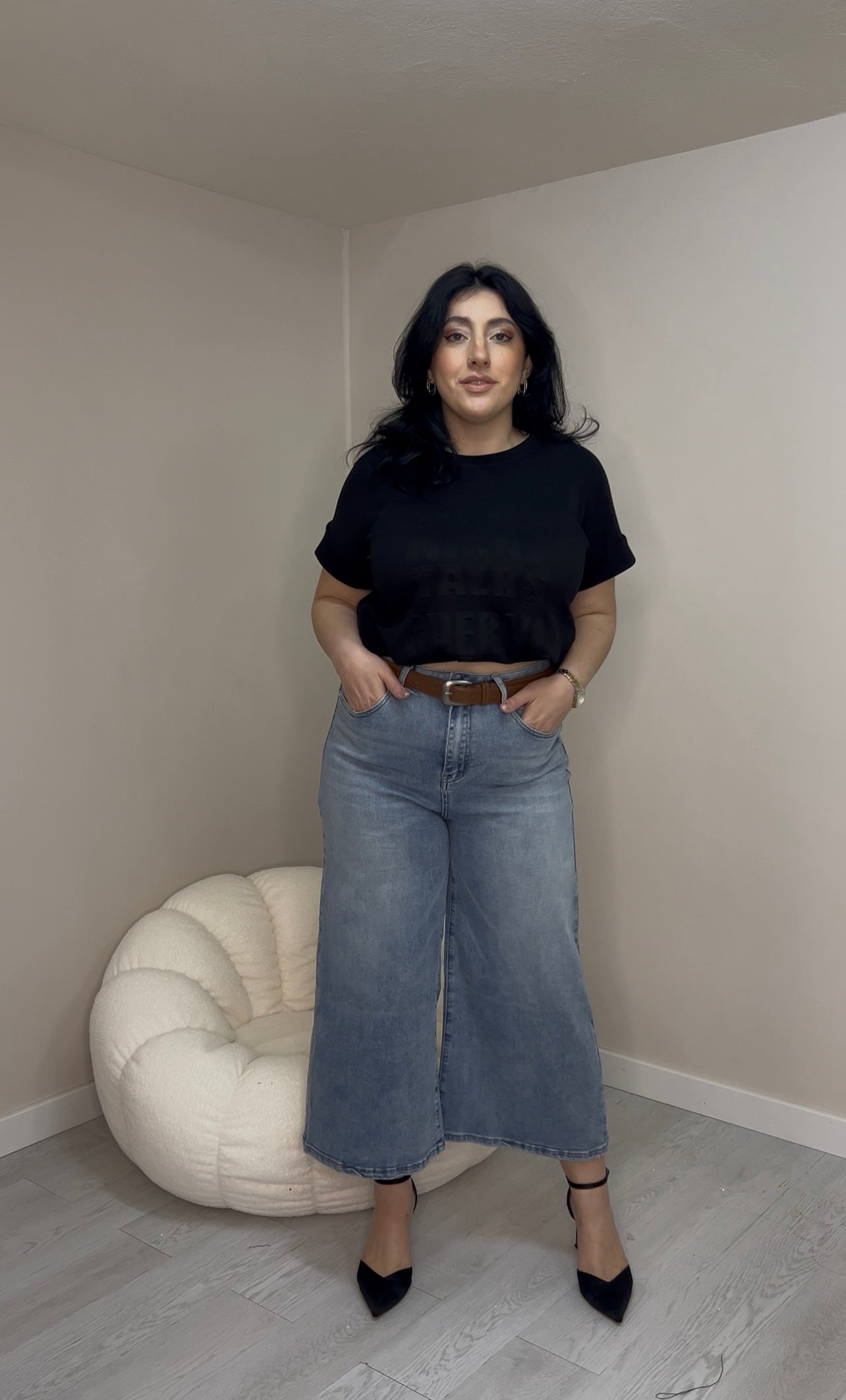 Denim wide-leg ζιπ-κιλότ με ζώνη