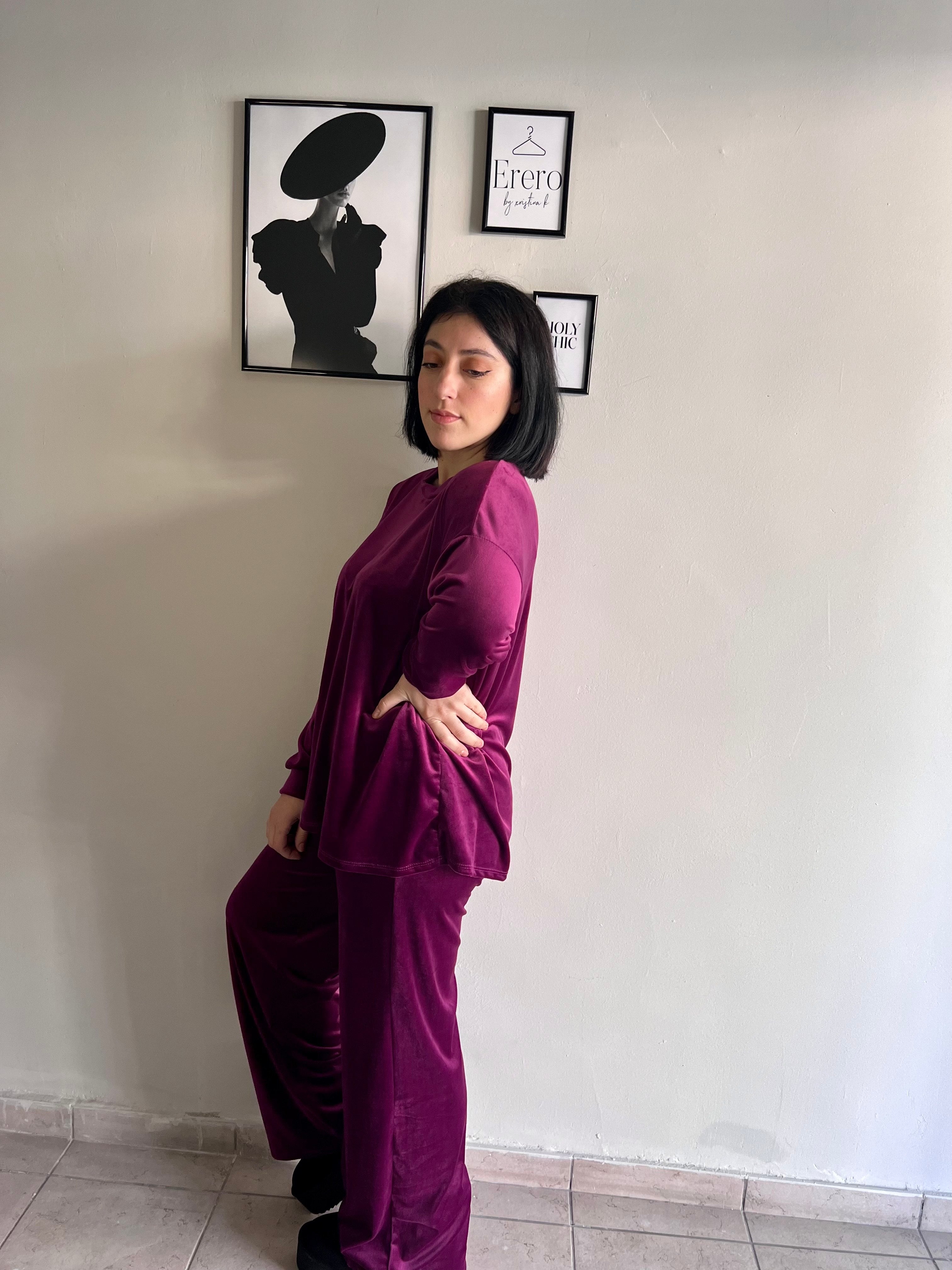 Velvet set μπλούζα και παντελόνι σε ίσια γραμμή - Μαντζέντα