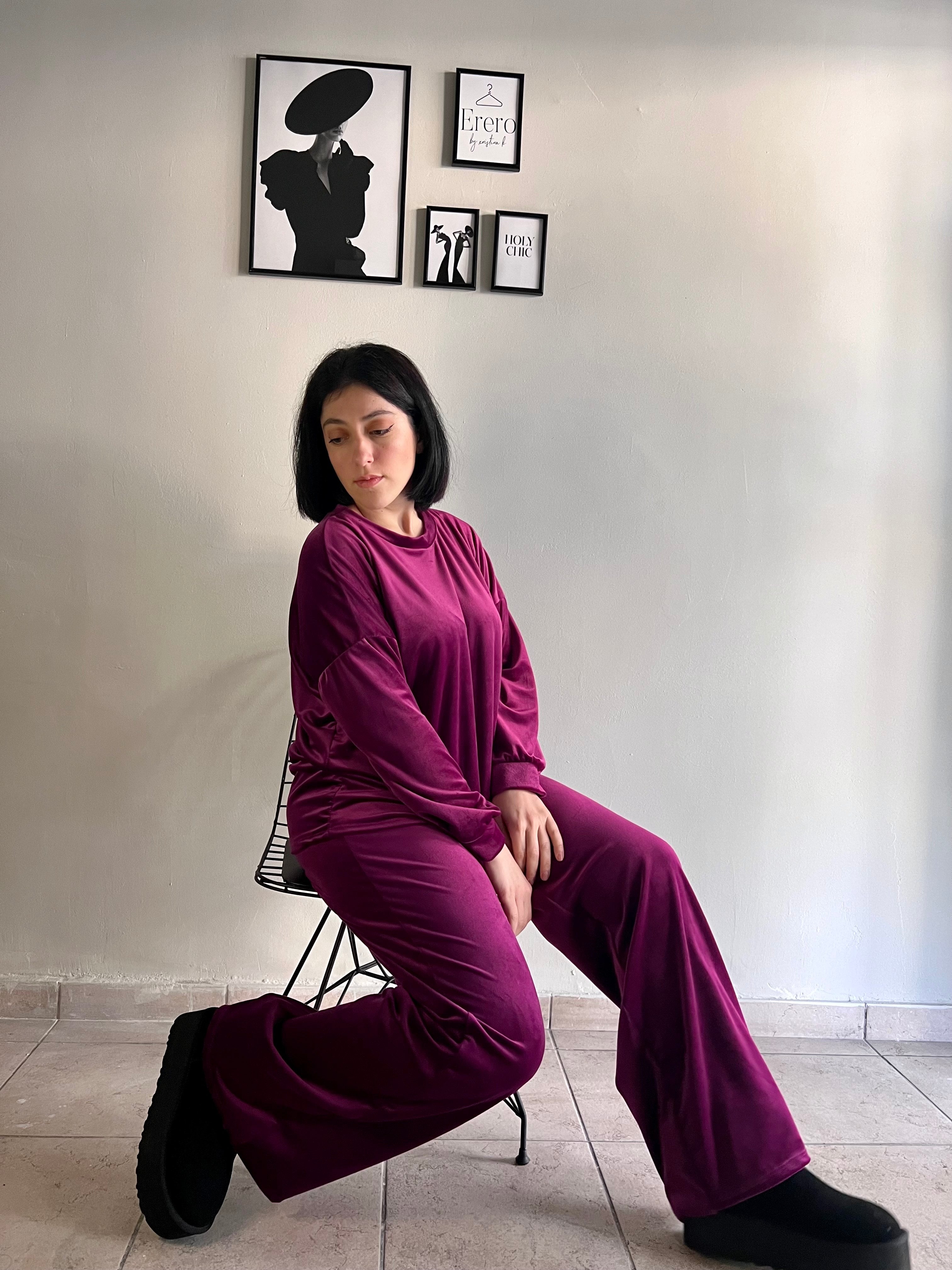 Velvet set μπλούζα και παντελόνι σε ίσια γραμμή - Μαντζέντα