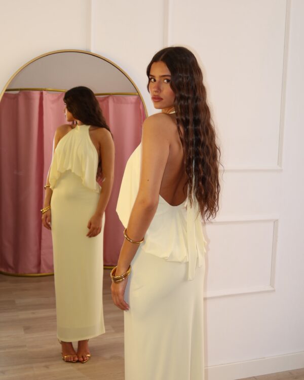Maxi φόρεμα με halter λαιμόκοψη και ανοιχτή πλάτη - Κίτρινο