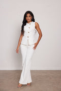 Denim set γιλέκο με ιδιαίτερα χρυσά κουμπιά και παντελόνι σε ίσια γραμμή - Λευκό
