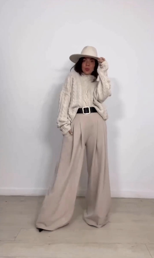 Elegance Flow Pleated Wide-Leg Pants - Μπεζ