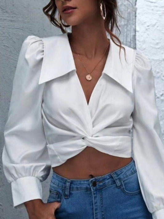 Elegant Twist Crop Shirt - Λευκό