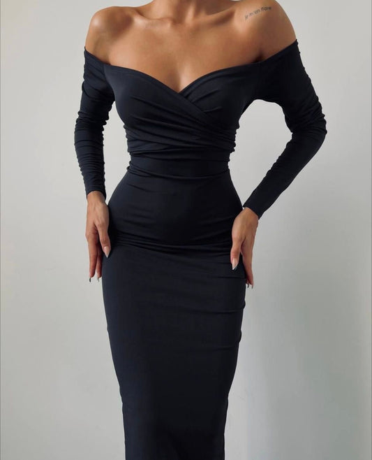 Elegance Off- Shoulder Midi Dress - Μαύρο