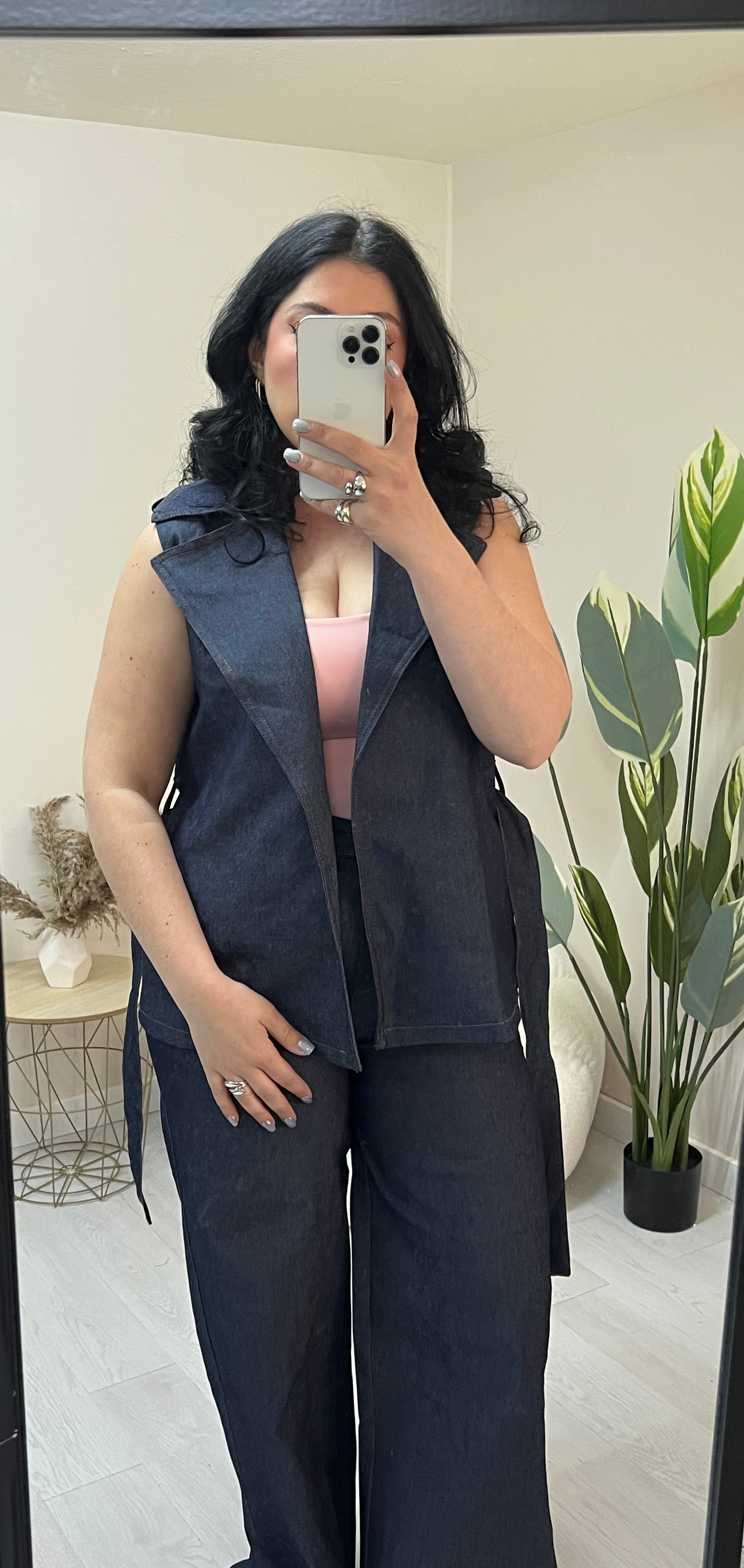 Denim σετ γιλέκο με ζώνη & παντελόνι σε wide leg γραμμή