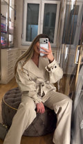 Denim καμπαρντινέ σετ σακάκι με ζώνη και παντελόνι με κουμπί - Μπεζ